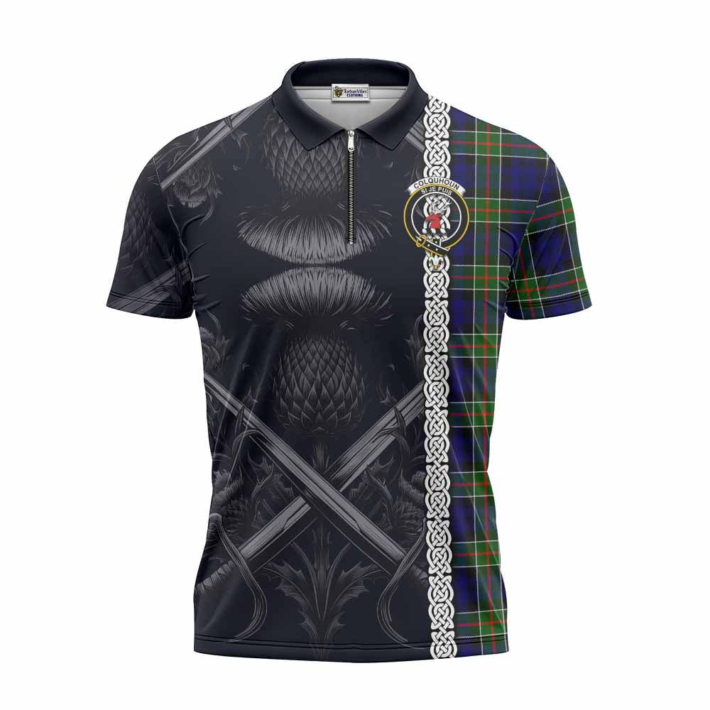 Tartan Vibes Clothing Colquhoun Tartan Zipper Polo Shirt with Family Crest Cross Sword Thistle Celtic Vibes