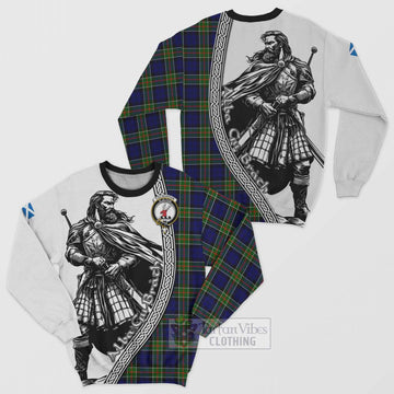 Colquhoun Tartan Clan Crest Sweatshirt with Highlander Warrior Celtic Style