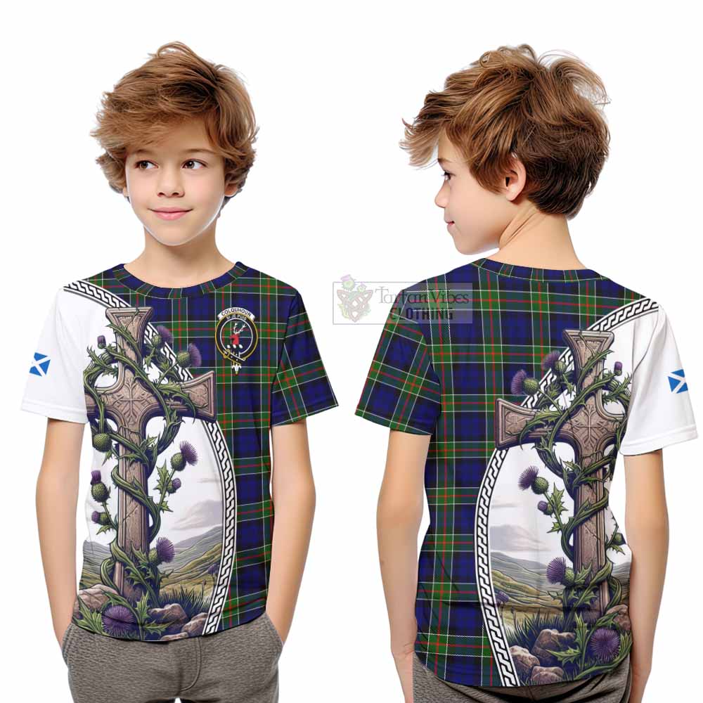 Tartan Vibes Clothing Colquhoun Tartan Kid T-Shirt with Family Crest and St. Andrew's Cross Accented by Thistle Vines