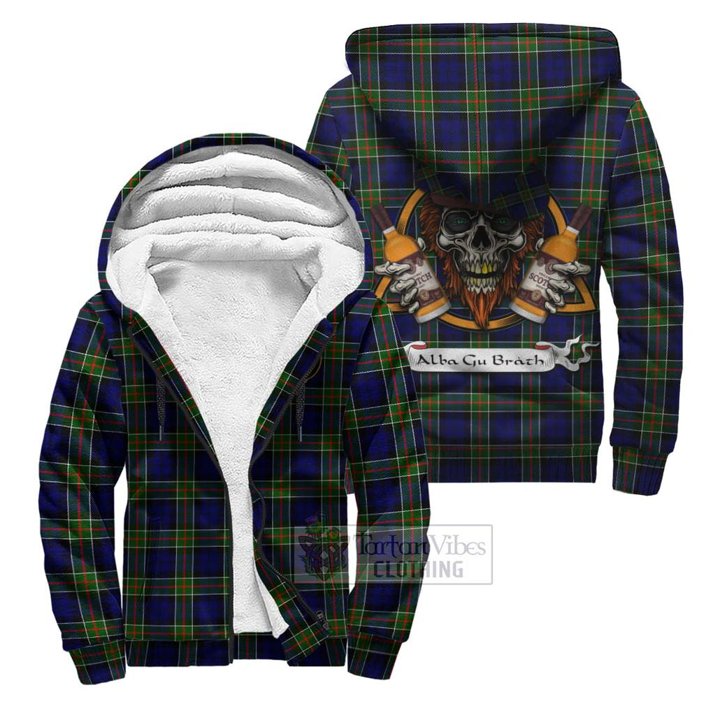 Tartan Vibes Clothing Colquhoun Tartan Sherpa Hoodie with Family Crest and Bearded Skull Holding Bottles of Whiskey