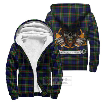 Colquhoun Tartan Sherpa Hoodie with Family Crest and Bearded Skull Holding Bottles of Whiskey