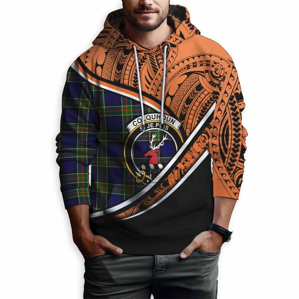 Tartan Vibes Clothing Colquhoun Crest Tartan Hoodie with Maori Tattoo Style - Orange Version