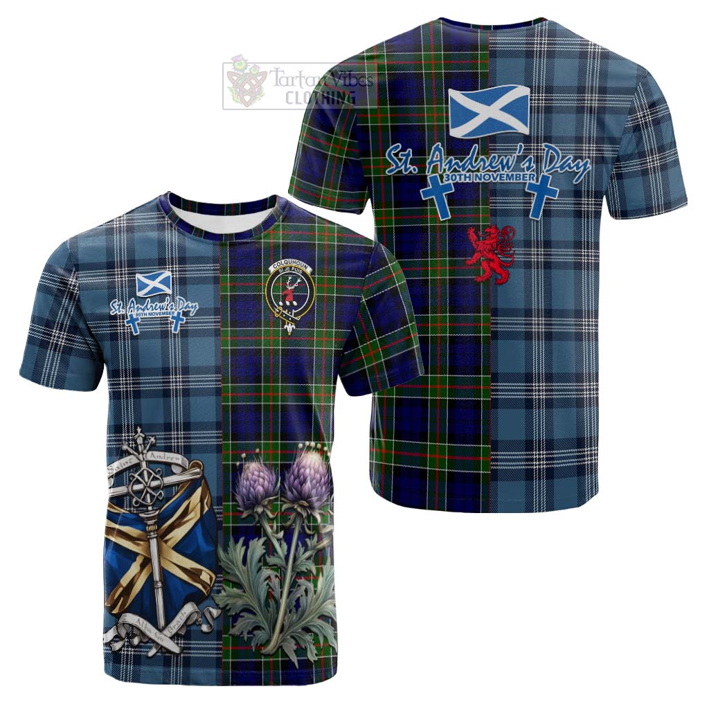 Tartan Vibes Clothing Colquhoun Tartan Cotton T-shirt Happy St. Andrew's Day Half Tartan Style