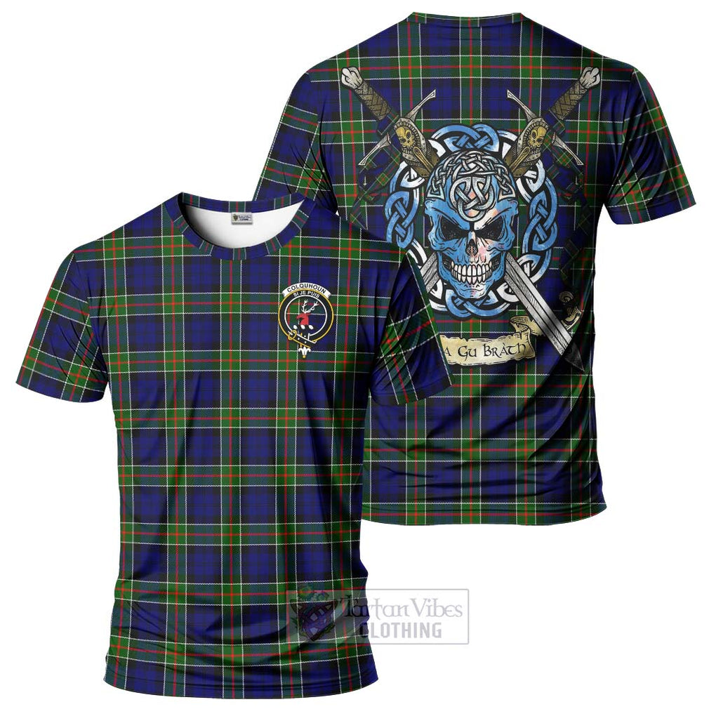 Tartan Vibes Clothing Colquhoun Tartan T-Shirt with Family Crest Celtic Skull Style