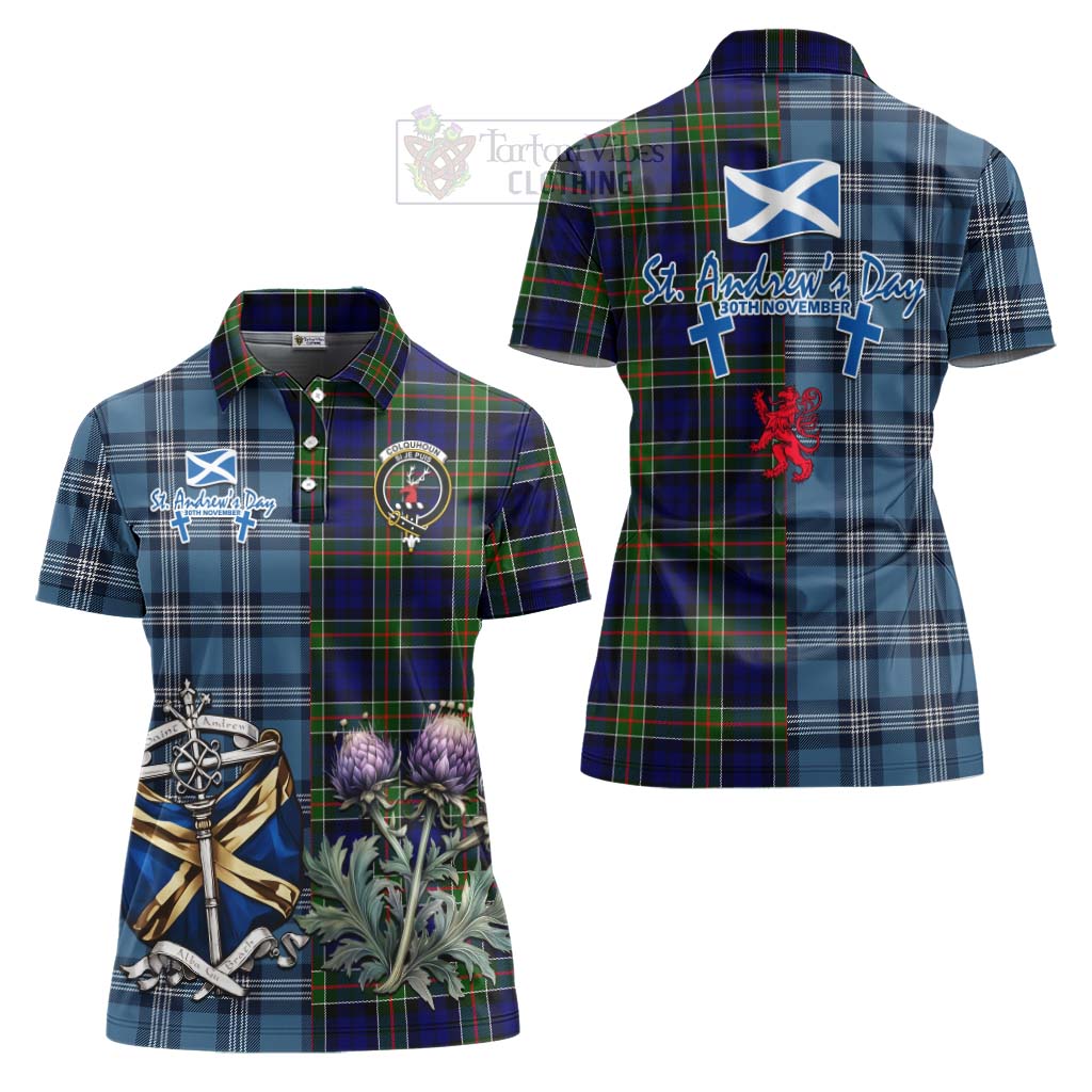 Tartan Vibes Clothing Colquhoun Tartan Women's Polo Shirt Happy St. Andrew's Day Half Tartan Style