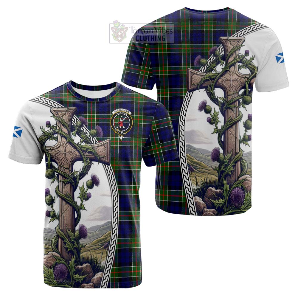 Tartan Vibes Clothing Colquhoun Tartan Cotton T-shirt with Family Crest and St. Andrew's Cross Accented by Thistle Vines