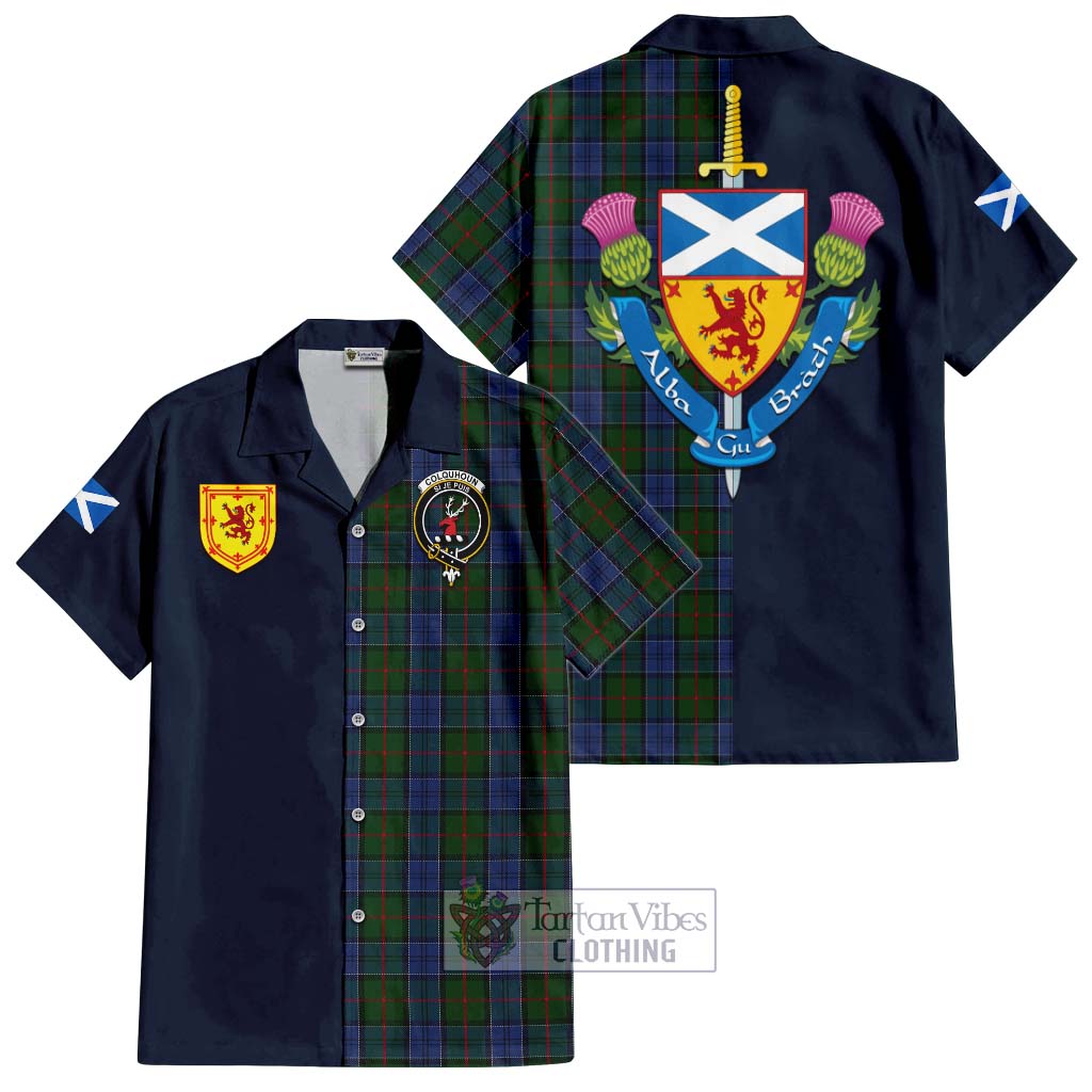 Tartan Vibes Clothing Colquhoun Tartan Short Sleeve Button Shirt with Scottish Lion Royal Arm Half Style