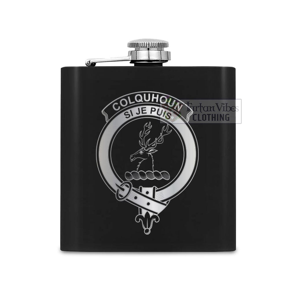 Tartan Vibes Clothing Colquhoun Crest Hip Flask Set 7oz Black Stainless Steel with A Gift Box