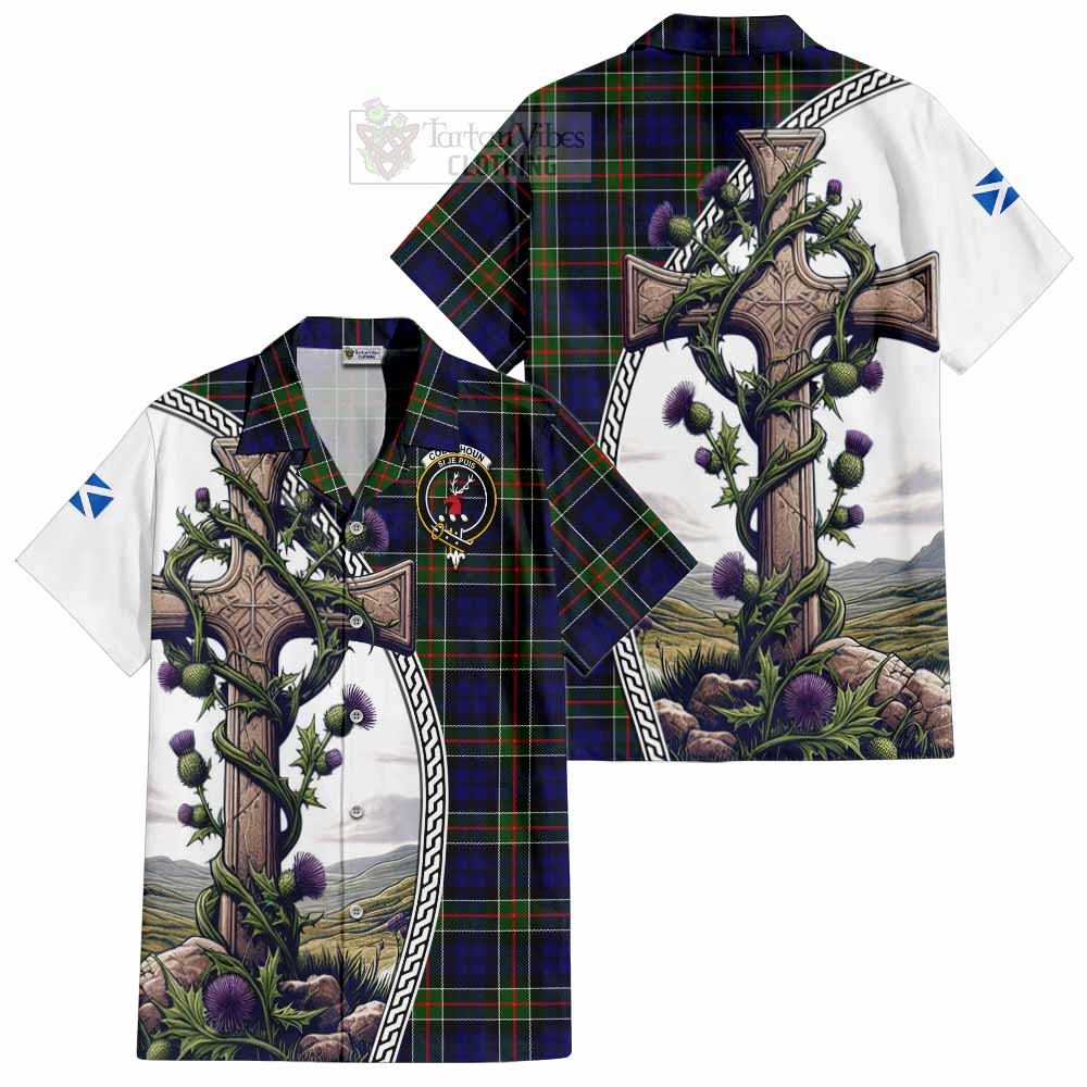 Tartan Vibes Clothing Colquhoun Tartan Short Sleeve Button Shirt with Family Crest and St. Andrew's Cross Accented by Thistle Vines