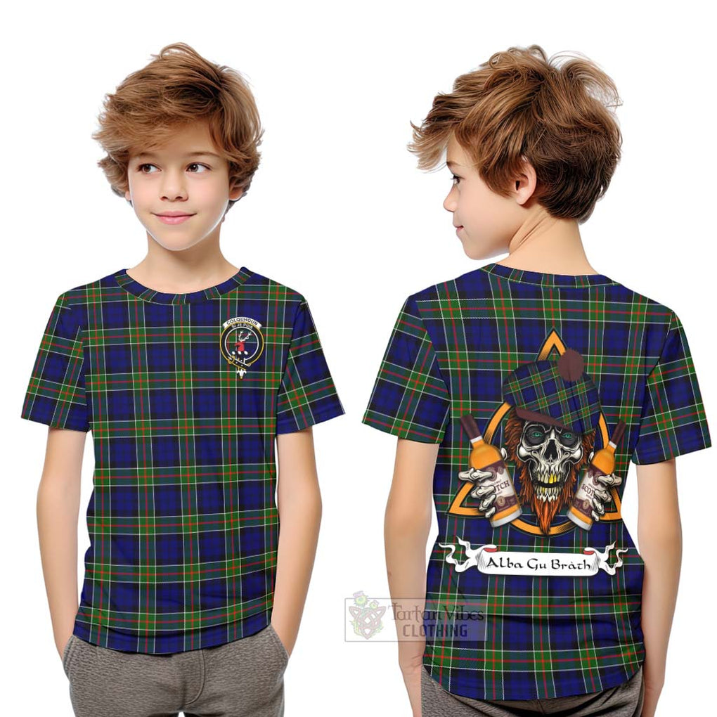 Tartan Vibes Clothing Colquhoun Tartan Kid T-Shirt with Family Crest and Bearded Skull Holding Bottles of Whiskey