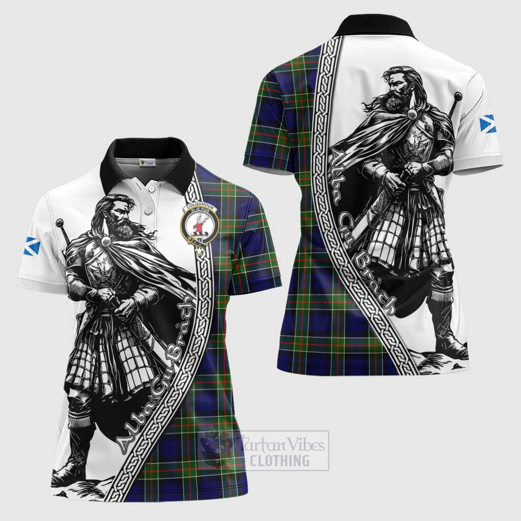 Tartan Vibes Clothing Colquhoun Tartan Clan Crest Women's Polo Shirt with Highlander Warrior Celtic Style