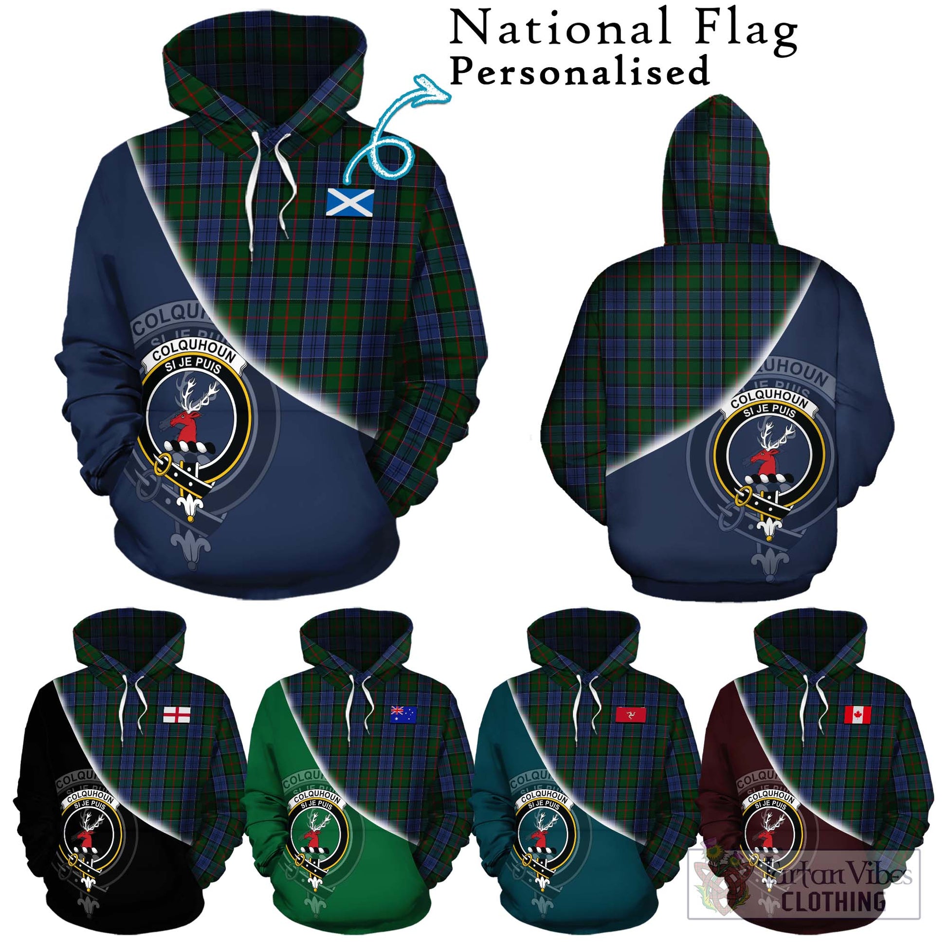 Tartan Vibes Clothing Colquhoun Tartan Hoodie with Personalised National Flag and Family Crest Half Style