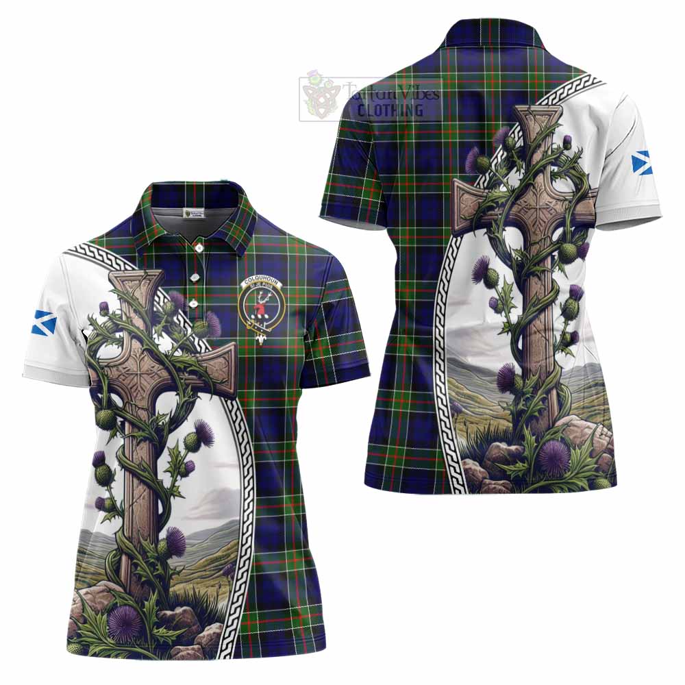 Tartan Vibes Clothing Colquhoun Tartan Women's Polo Shirt with Family Crest and St. Andrew's Cross Accented by Thistle Vines