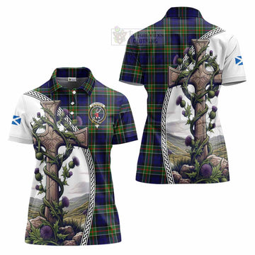 Colquhoun Tartan Women's Polo Shirt with Family Crest and St. Andrew's Cross Accented by Thistle Vines