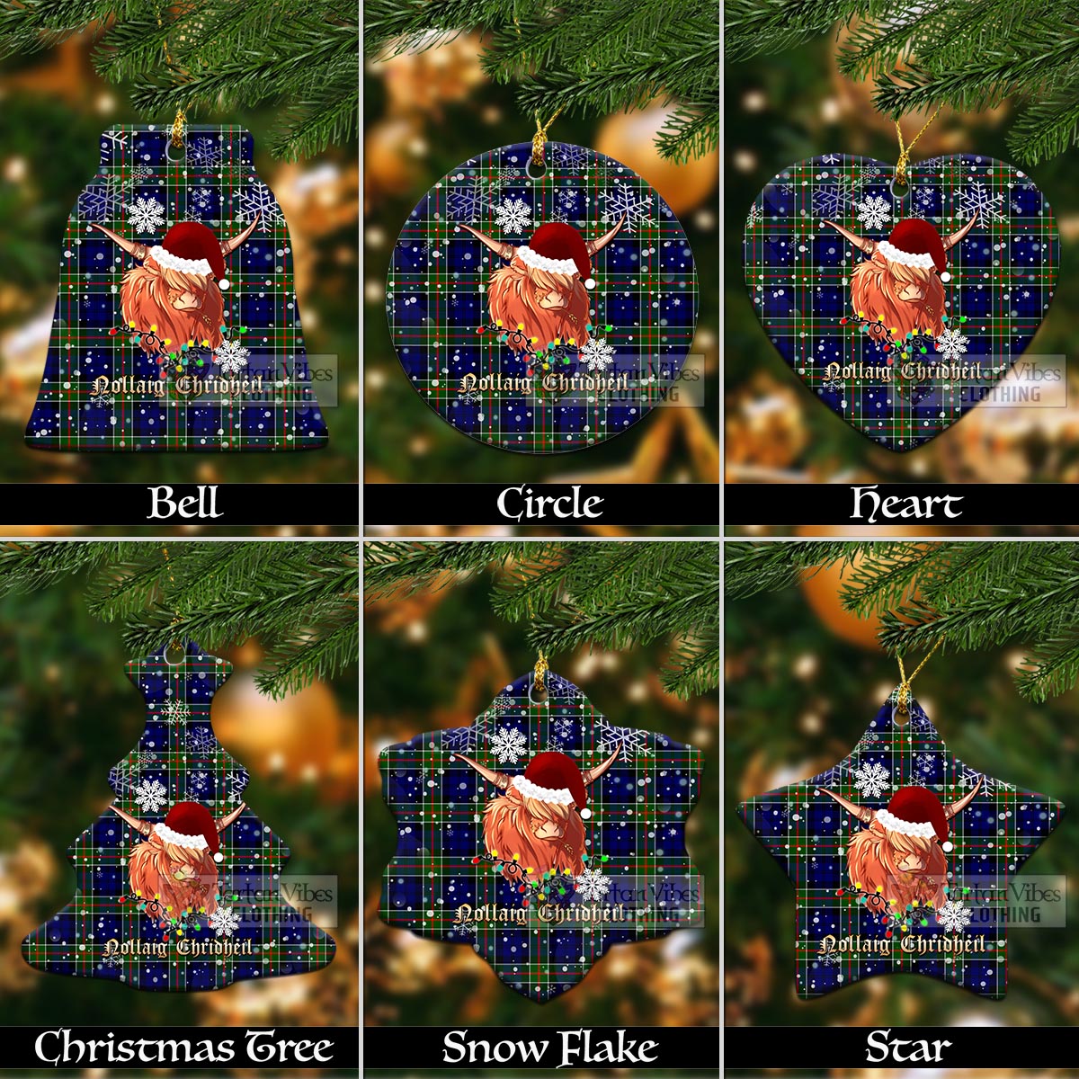 Tartan Vibes Clothing Colquhoun Clan Tartan Ornament with Christmas Twinkle Highland Cattle