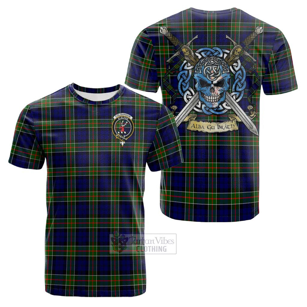 Tartan Vibes Clothing Colquhoun Tartan Cotton T-shirt with Family Crest Celtic Skull Style