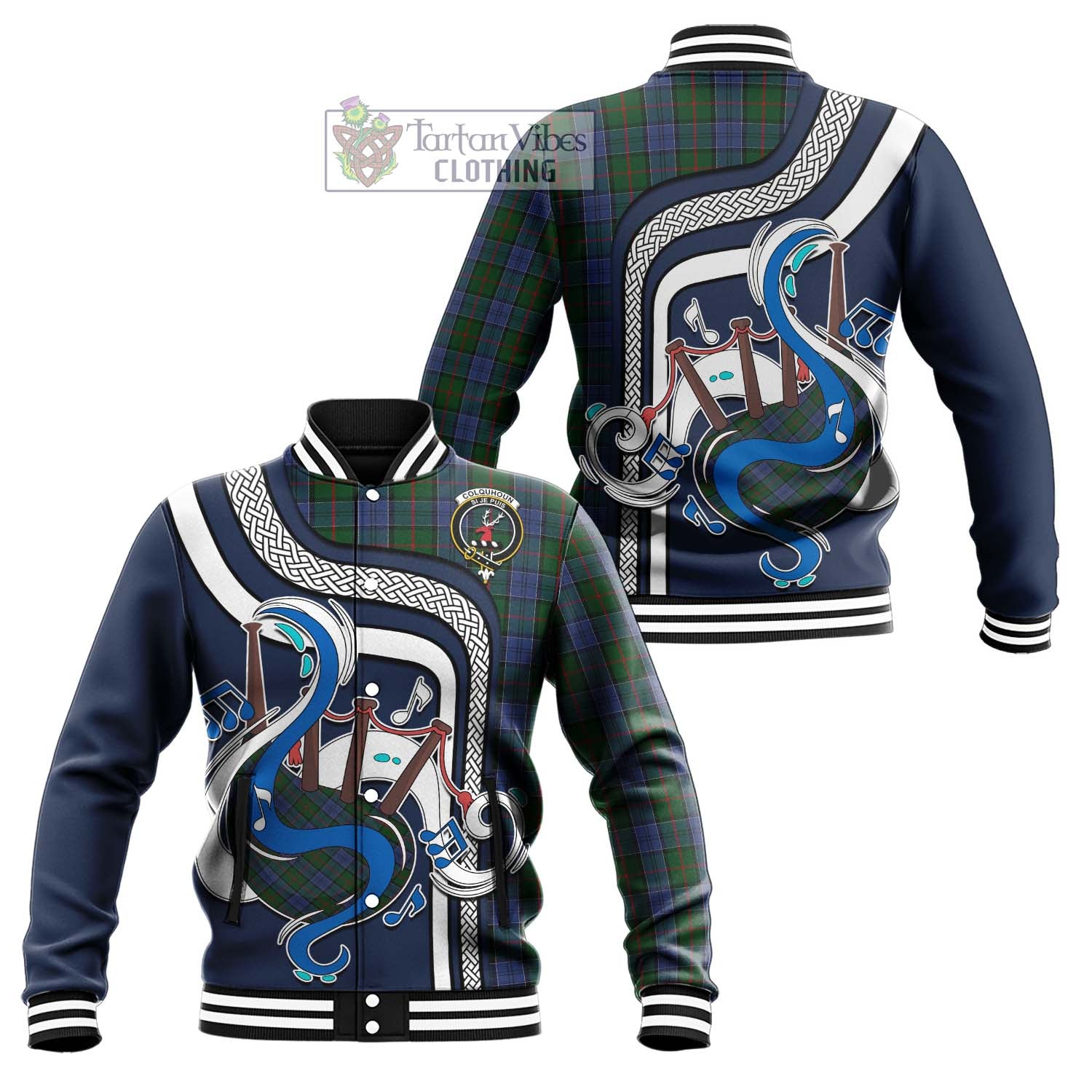 Tartan Vibes Clothing Colquhoun Tartan Baseball Jacket with Epic Bagpipe Style