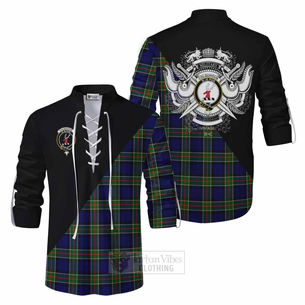 Tartan Vibes Clothing Colquhoun Tartan Ghillie Kilt Shirt with Family Crest and Military Logo Style