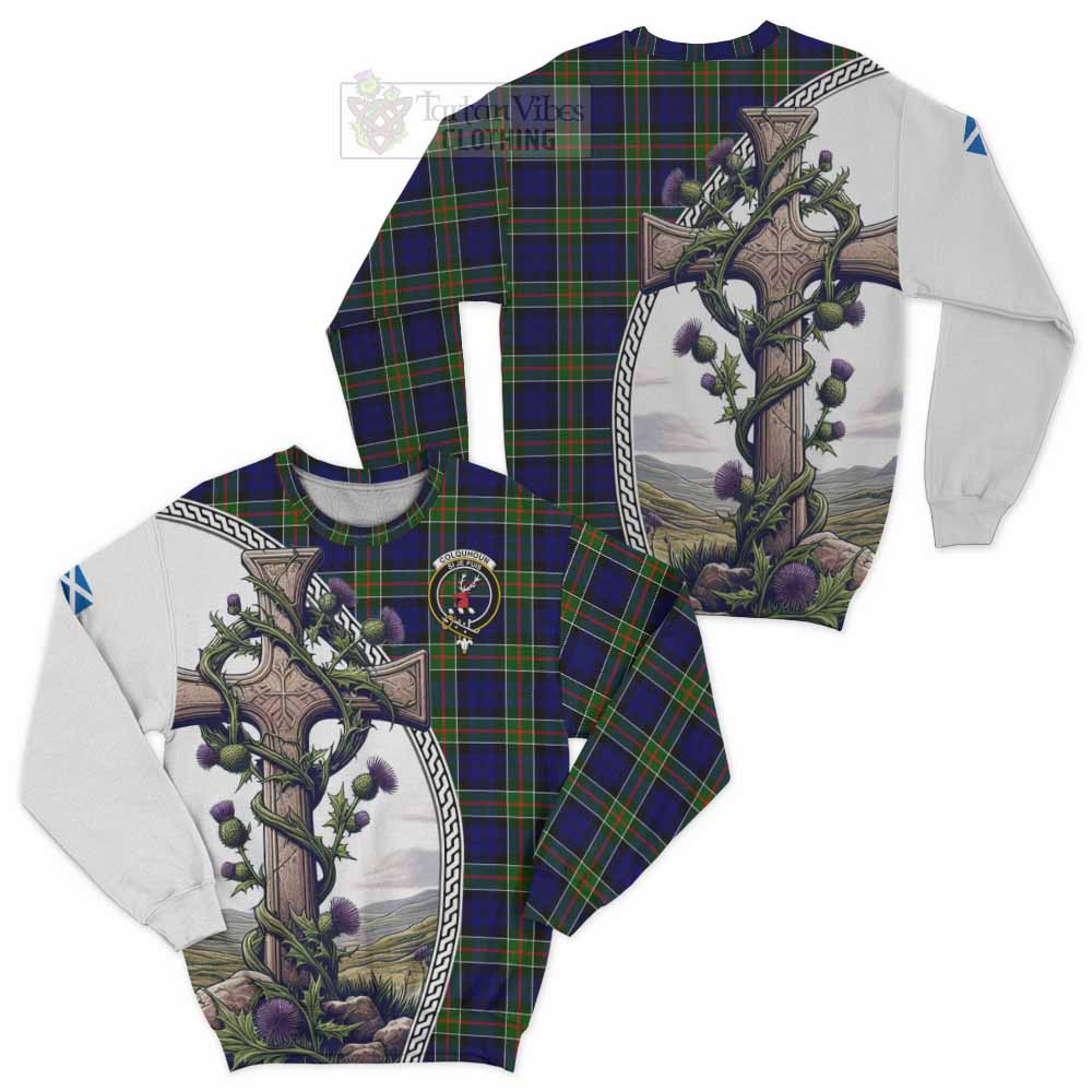 Tartan Vibes Clothing Colquhoun Tartan Sweatshirt with Family Crest and St. Andrew's Cross Accented by Thistle Vines