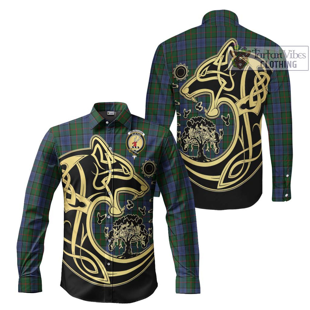 Colquhoun Tartan Long Sleeve Button Shirt with Family Crest Celtic Wolf Style Men's Shirt S - Tartan Vibes Clothing