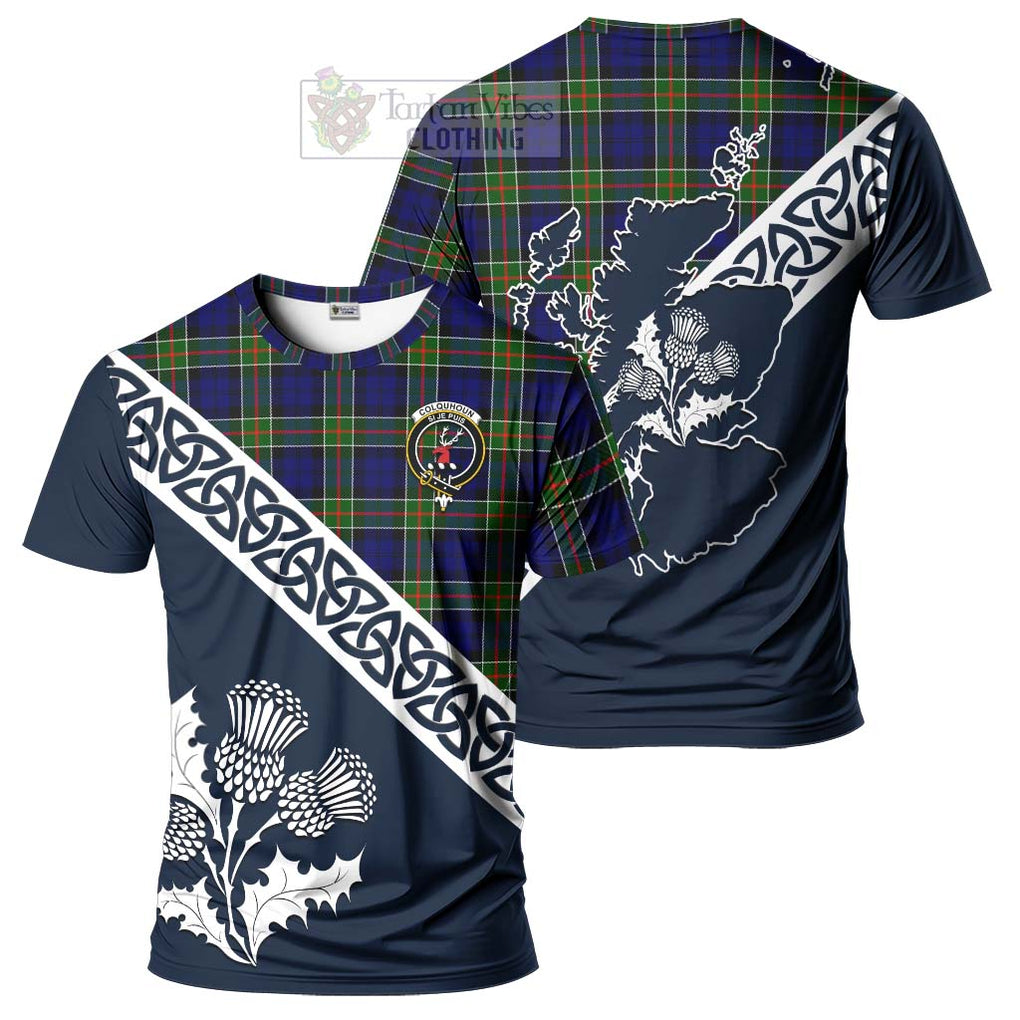 Colquhoun Tartan T-Shirt Featuring Thistle and Scotland Map