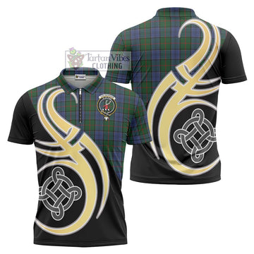Colquhoun Tartan Zipper Polo Shirt with Family Crest and Celtic Symbol Style