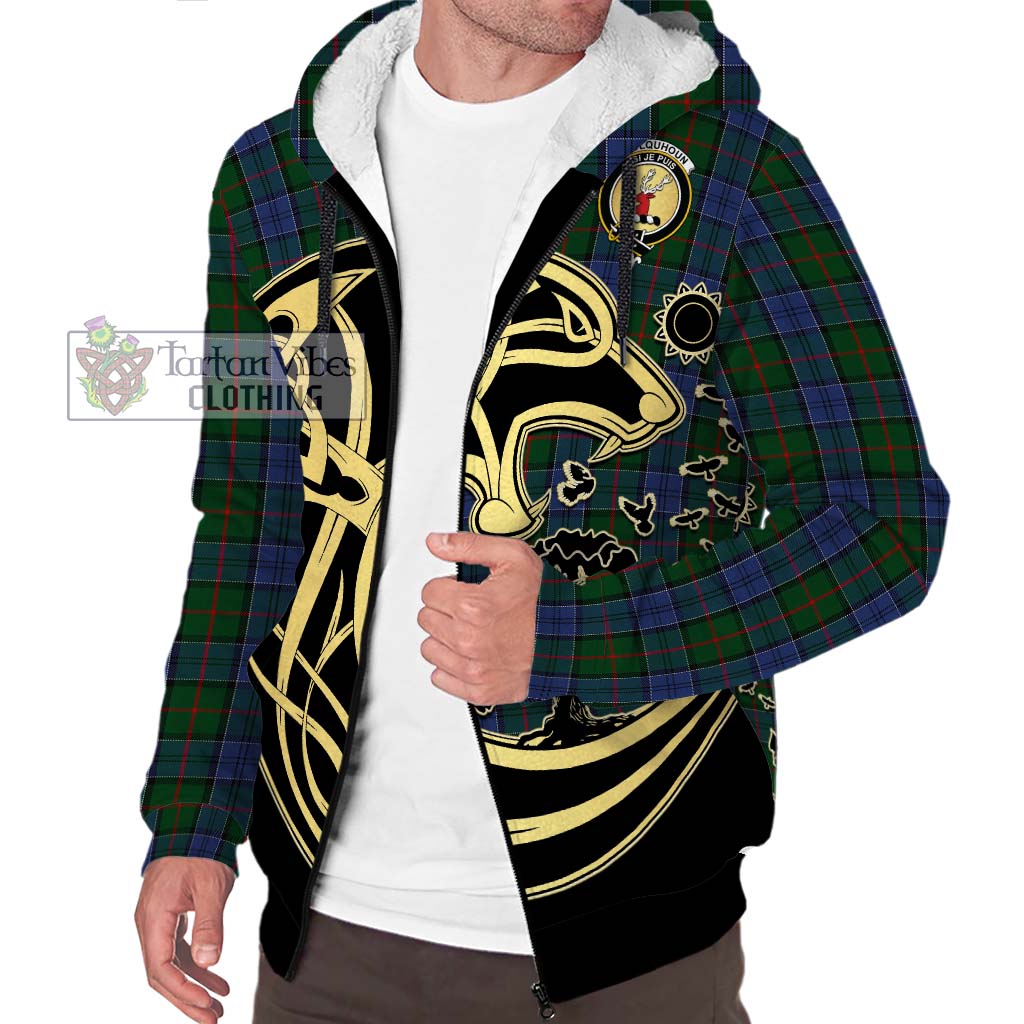 Tartan Vibes Clothing Colquhoun Tartan Sherpa Hoodie with Family Crest Celtic Wolf Style