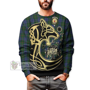 Colquhoun Tartan Sweatshirt with Family Crest Celtic Wolf Style