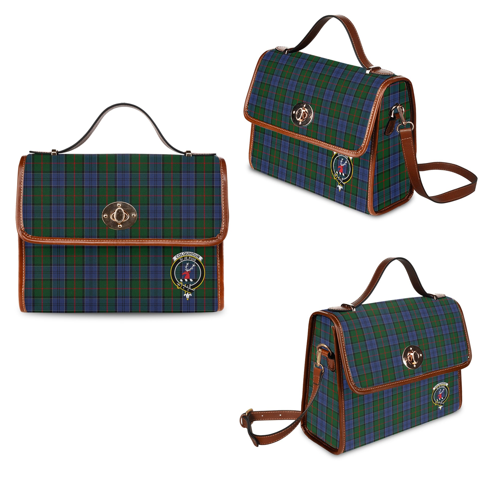 colquhoun-tartan-leather-strap-waterproof-canvas-bag-with-family-crest