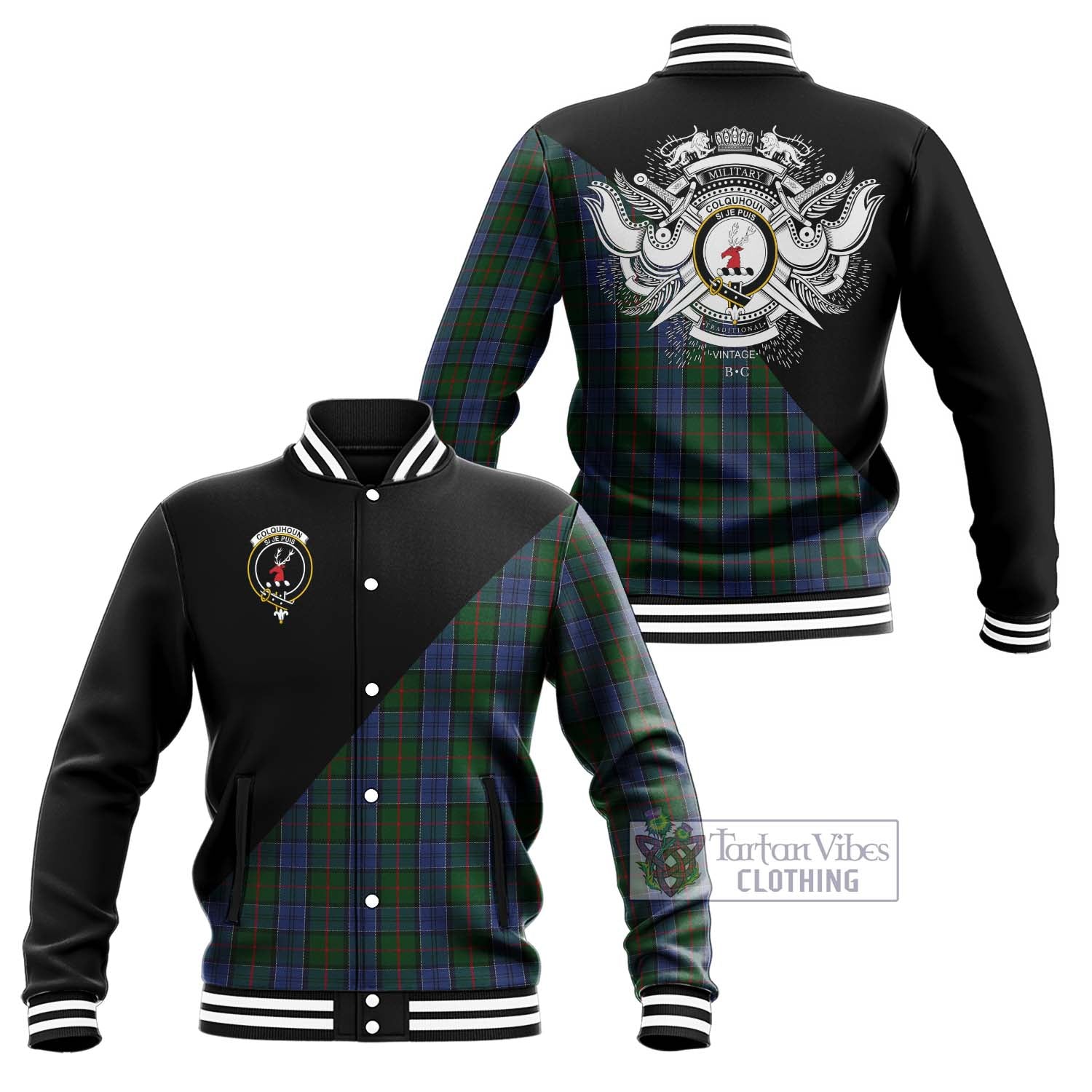 Tartan Vibes Clothing Colquhoun Tartan Baseball Jacket with Family Crest and Military Logo Style