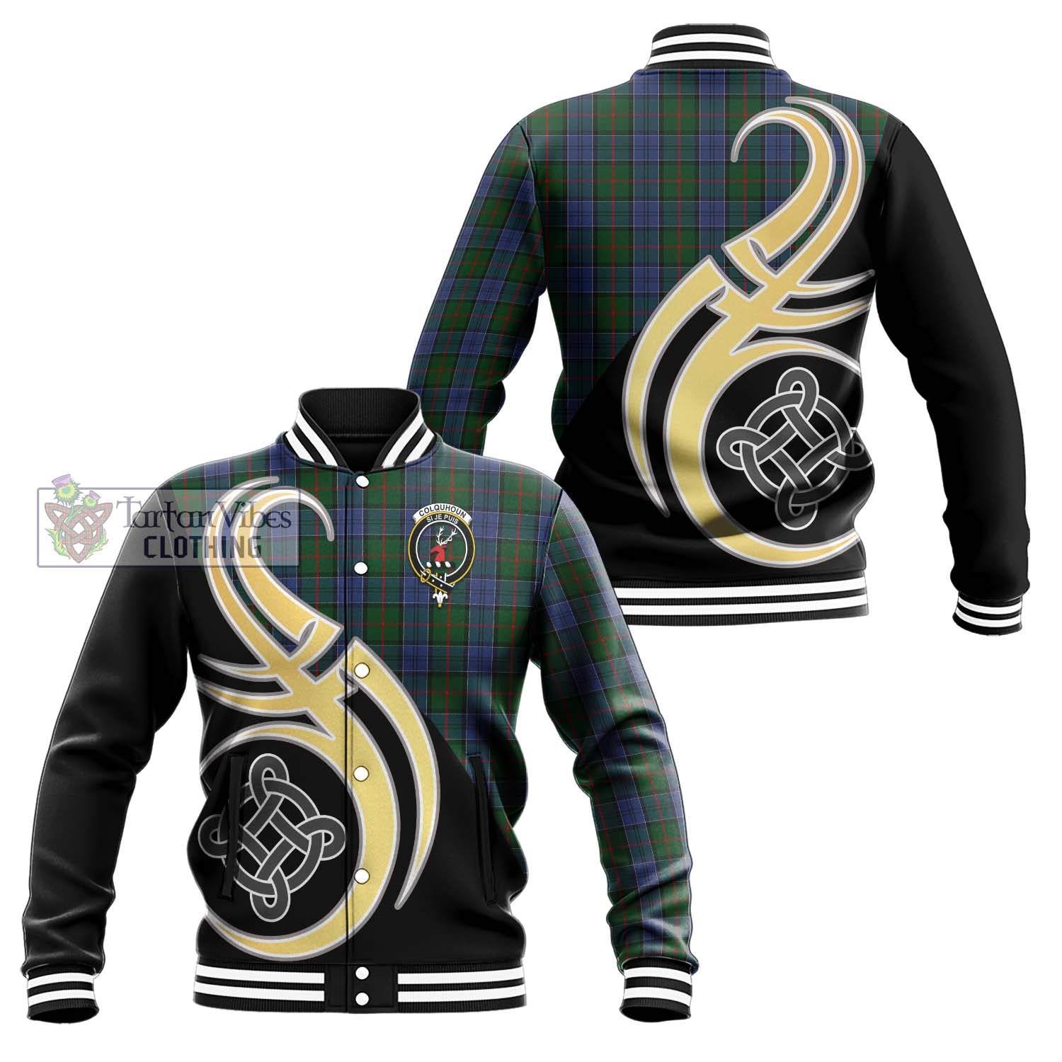 Tartan Vibes Clothing Colquhoun Tartan Baseball Jacket with Family Crest and Celtic Symbol Style