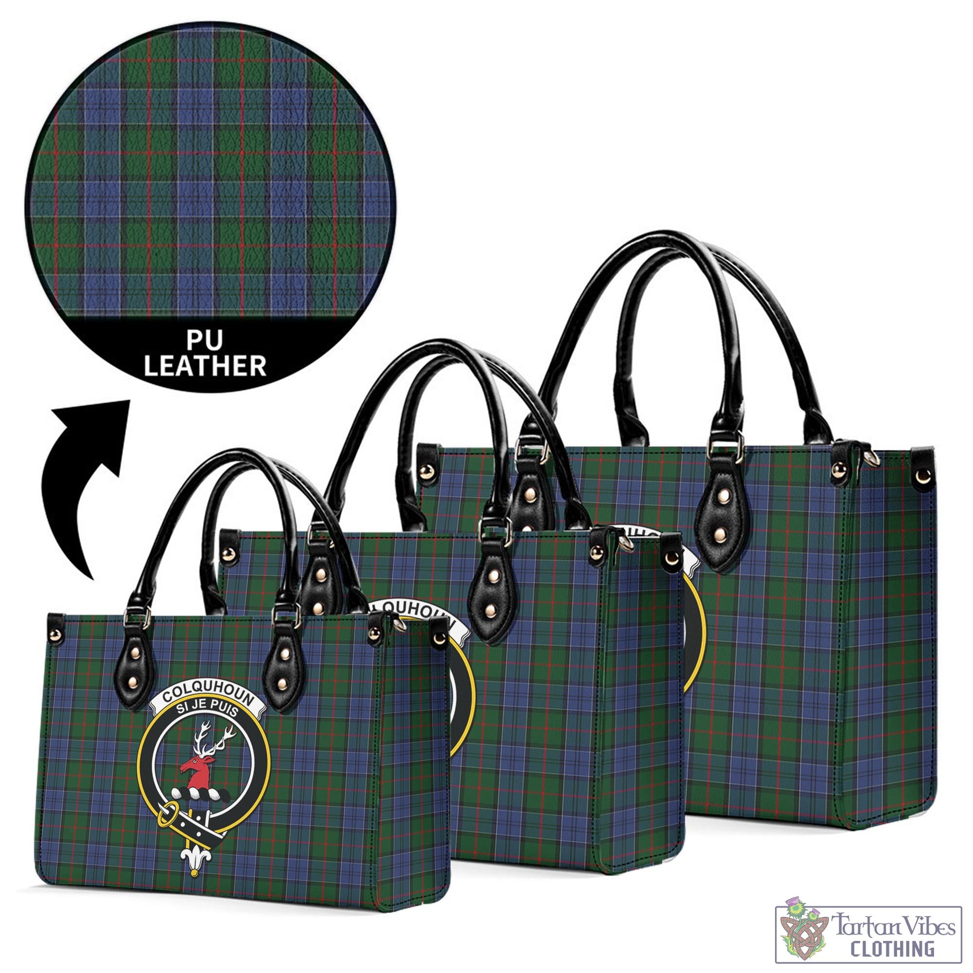 Tartan Vibes Clothing Colquhoun Tartan Luxury Leather Handbags with Family Crest