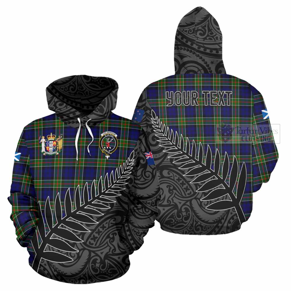 Tartan Vibes Clothing Colquhoun Crest Tartan Hoodie with New Zealand Silver Fern Half Style