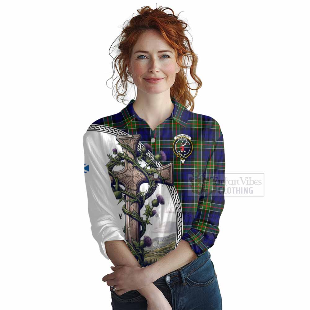 Tartan Vibes Clothing Colquhoun Tartan Women's Casual Shirt with Family Crest and St. Andrew's Cross Accented by Thistle Vines