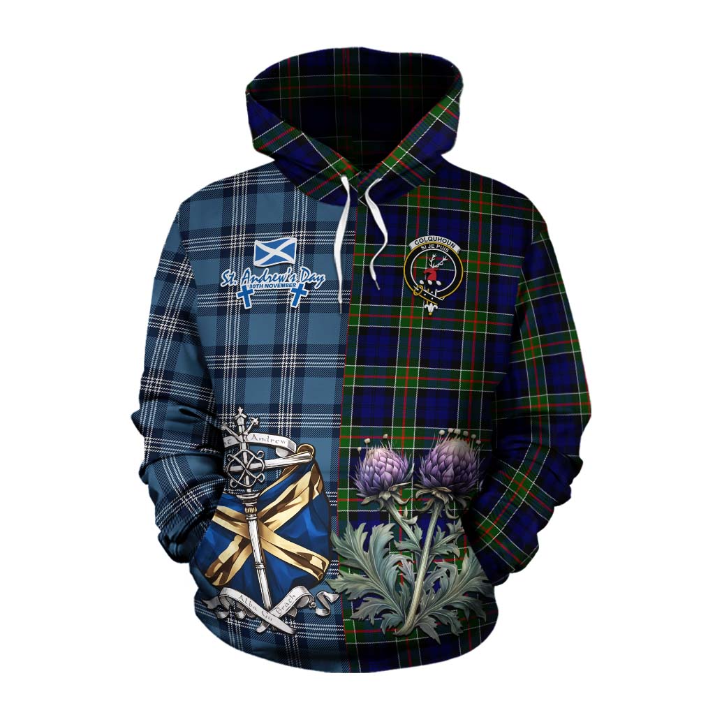 Tartan Vibes Clothing Colquhoun Tartan Cotton Hoodie Happy St. Andrew's Day Half Tartan Style