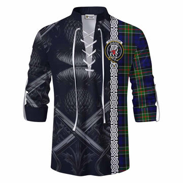 Colquhoun Tartan Ghillie Kilt Shirt with Family Crest Cross Sword Thistle Celtic Vibes