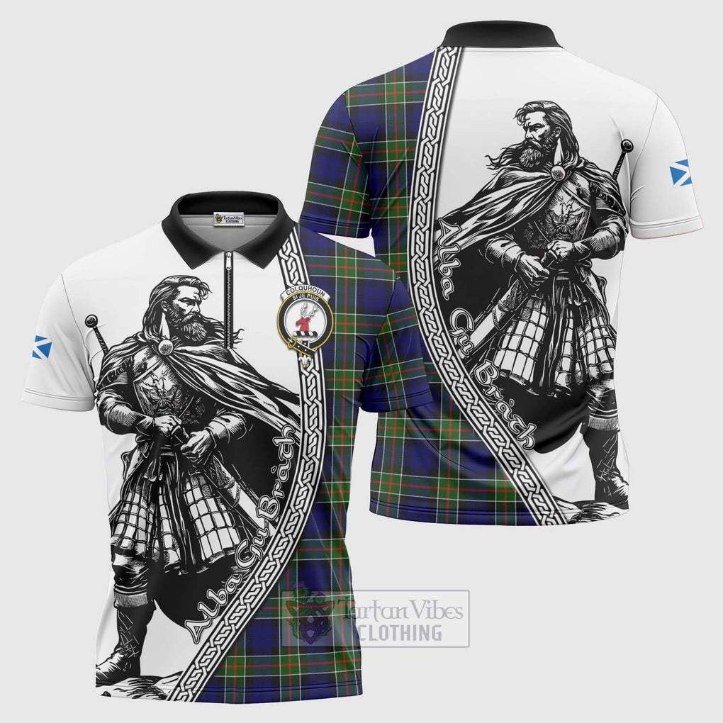 Tartan Vibes Clothing Colquhoun Tartan Clan Crest Zipper Polo Shirt with Highlander Warrior Celtic Style