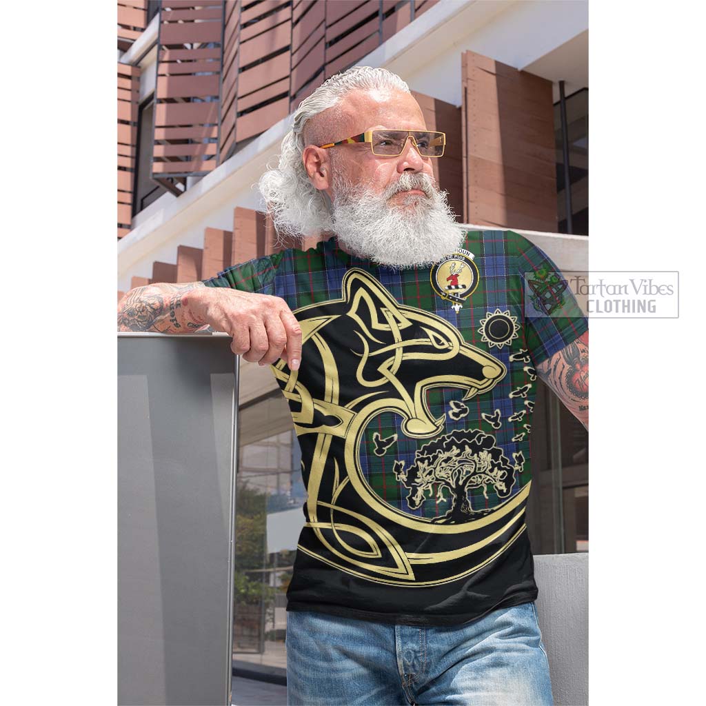 Tartan Vibes Clothing Colquhoun Tartan Cotton T-shirt with Family Crest Celtic Wolf Style