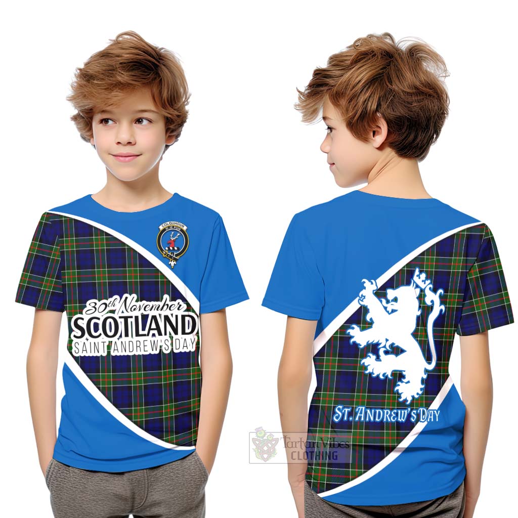 Tartan Vibes Clothing Colquhoun Family Crest Tartan Kid T-Shirt Celebrate Saint Andrew's Day in Style