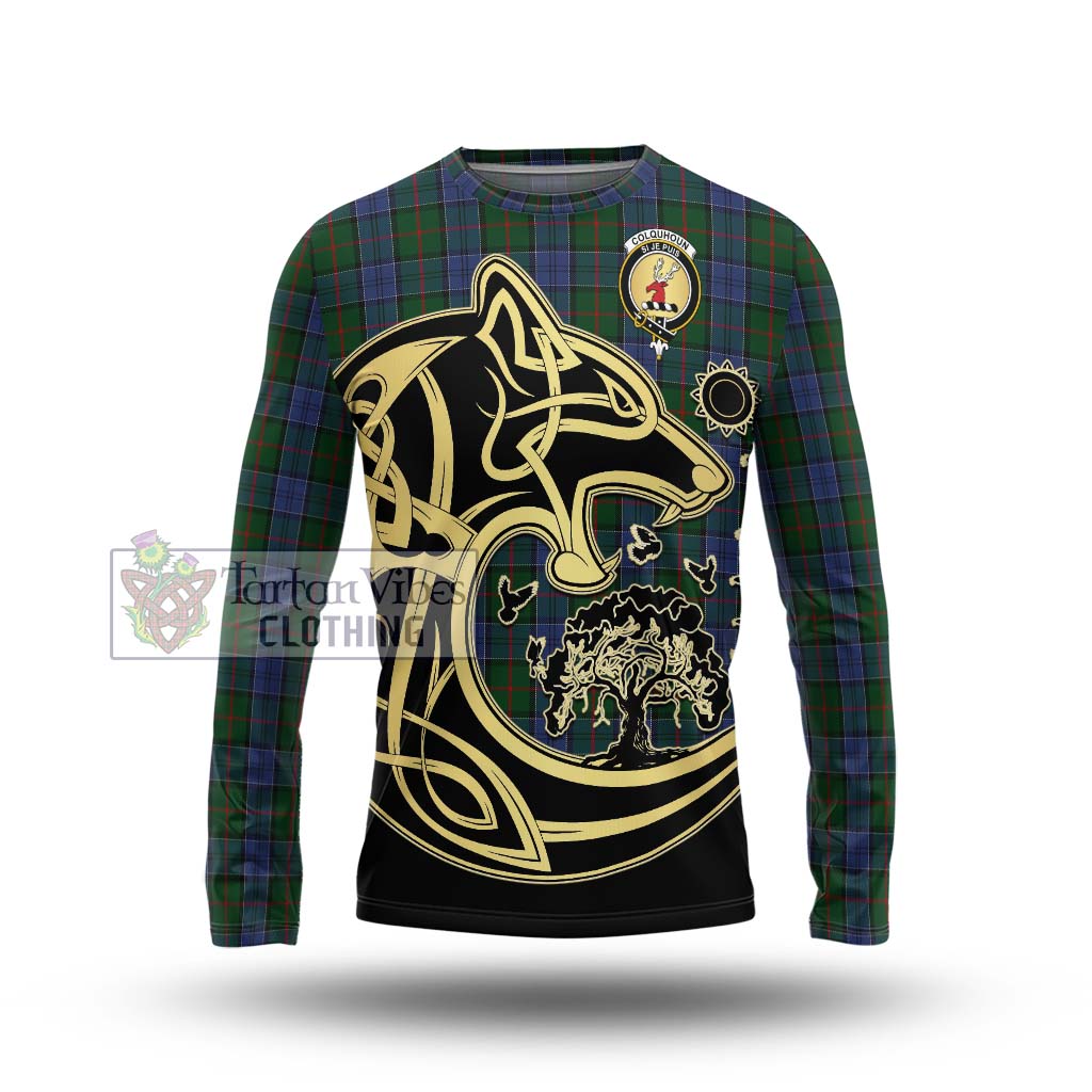 Tartan Vibes Clothing Colquhoun Tartan Long Sleeve T-Shirt with Family Crest Celtic Wolf Style