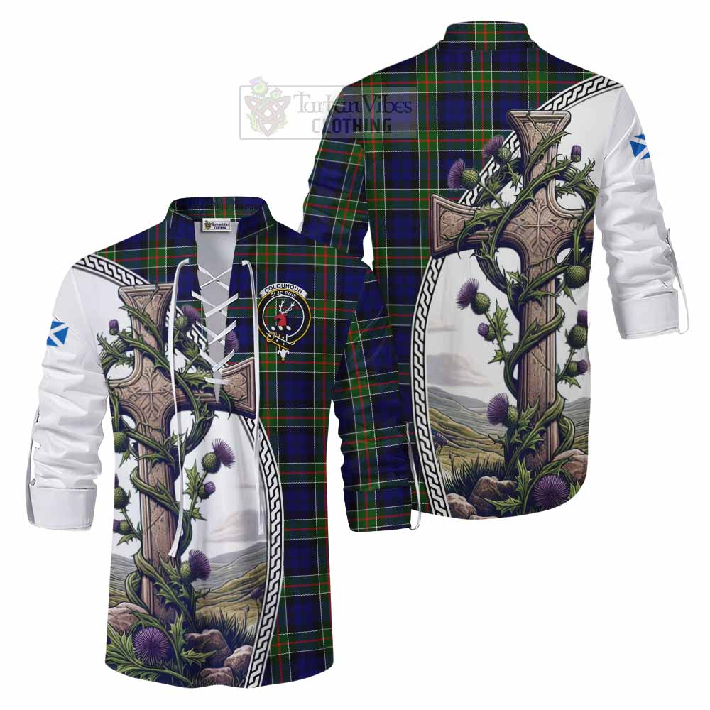 Tartan Vibes Clothing Colquhoun Tartan Ghillie Kilt Shirt with Family Crest and St. Andrew's Cross Accented by Thistle Vines