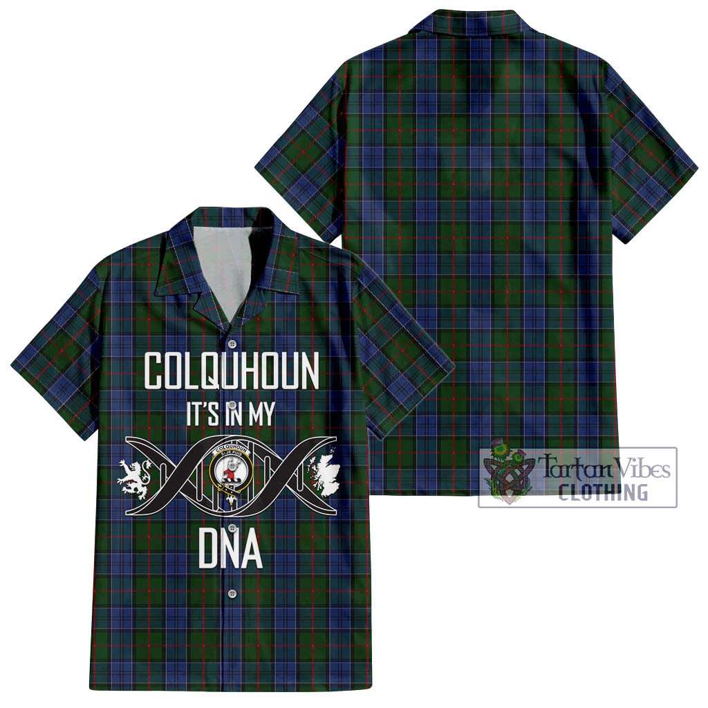 Tartan Vibes Clothing Colquhoun Tartan Short Sleeve Button Shirt with Family Crest DNA In Me Style