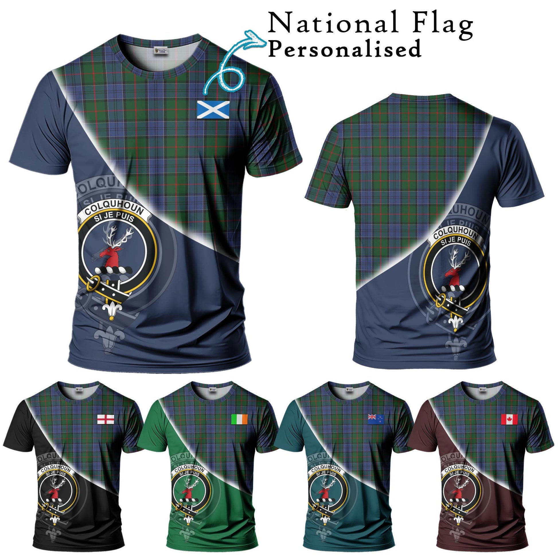 Tartan Vibes Clothing Colquhoun Tartan T-Shirt with Personalised National Flag and Family Crest Half Style