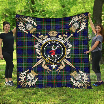 Colquhoun Tartan Quilt with Family Crest and Scottish Golden Courage Shield