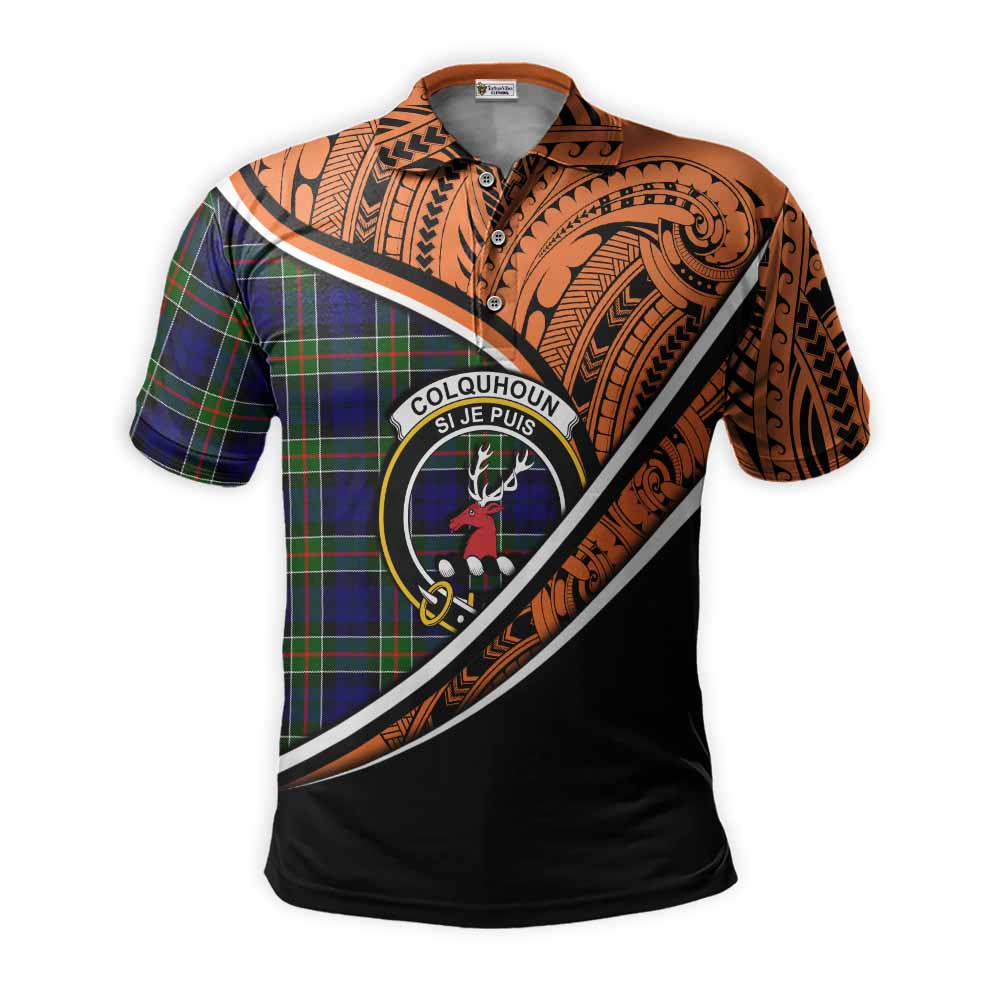 Tartan Vibes Clothing Colquhoun Crest Tartan Polo Shirt with Maori Tattoo Style - Orange Version