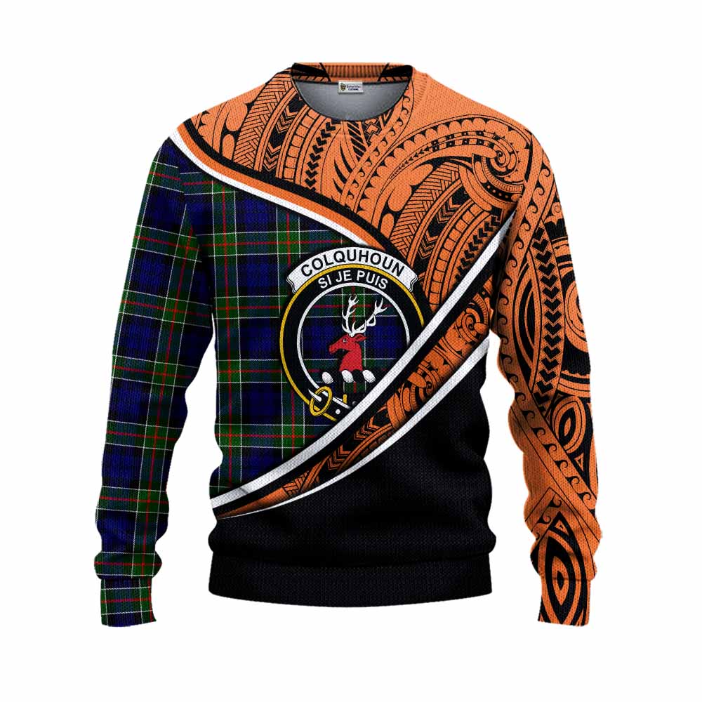 Tartan Vibes Clothing Colquhoun Crest Tartan Knitted Sweater with Maori Tattoo Style - Orange Version