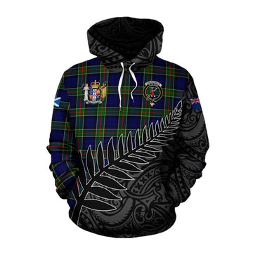 Colquhoun Crest Tartan Cotton Hoodie with New Zealand Silver Fern Half Style