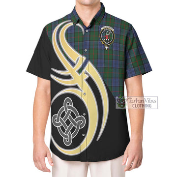 Colquhoun Tartan Short Sleeve Button Shirt with Family Crest and Celtic Symbol Style