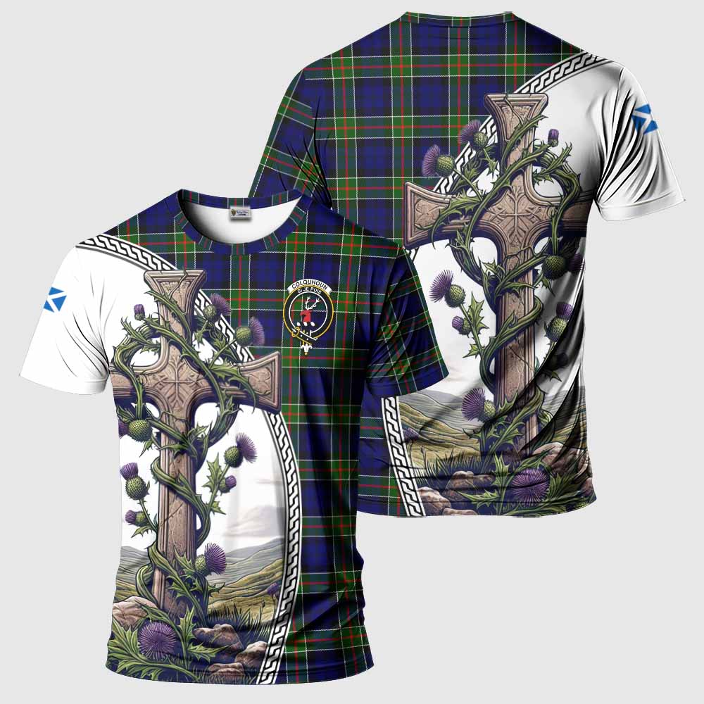 Tartan Vibes Clothing Colquhoun Agnew Tartan T-Shirt with Family Crest and St. Andrew's Cross Accented by Thistle Vines