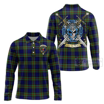 Colquhoun Tartan Long Sleeve Polo Shirt with Family Crest Celtic Skull Style